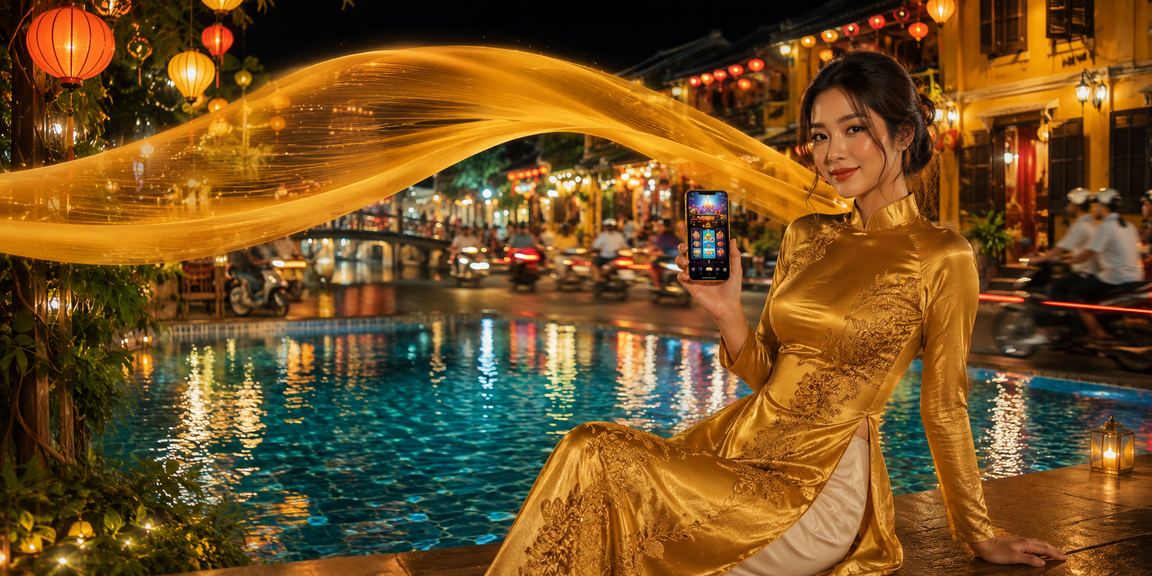 Cô gái áo dài Hội An sử dụng ứng dụng casino trên điện thoại di động